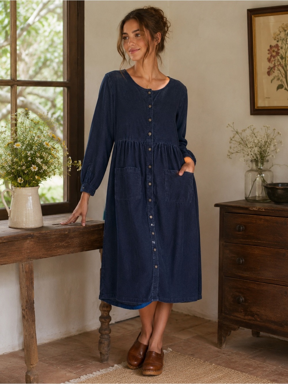 Vintage 90s Karen Scott Blue Corduroy Shirt Dress Long‎ Sleeve Praire 12 NEW